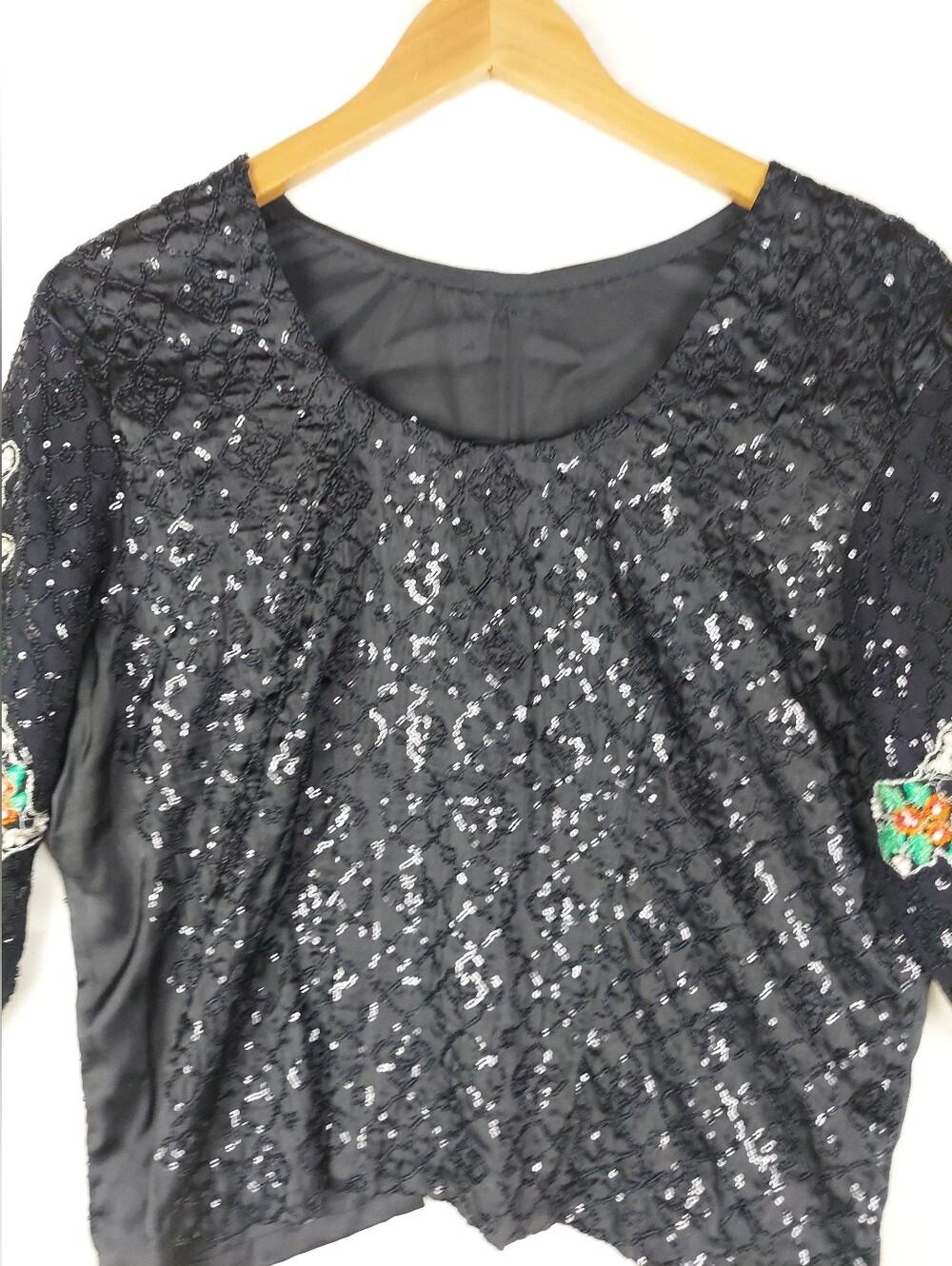 VTG 80s Blouse Top Womens Large 100%Silk Beaded Floral Boxy Fairy Whimsigoth